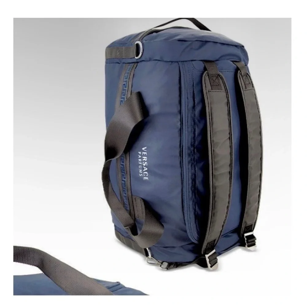 Versace Parfums Navy Blue Nylon Duffel Weekend Bag Greca Pattern Backpack Straps